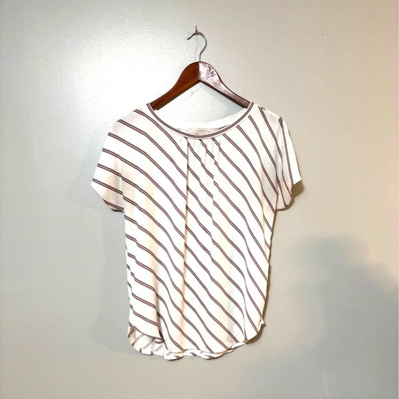 LOFT Tops - Loft Womens Striped Short-Sleeve Blouse White & Rust Rayon/Polyester S
